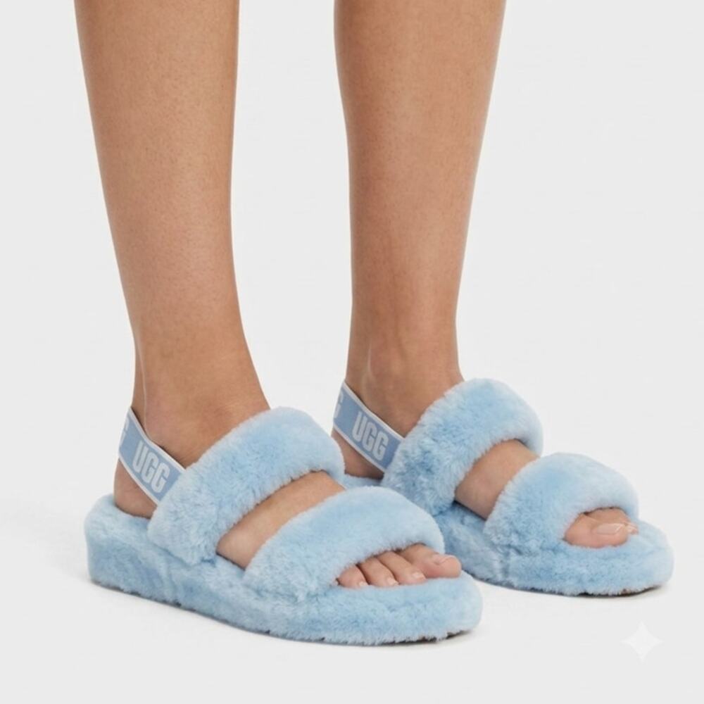 UGG Oh Yeah Slide Slippers Womens 6 Sky Blue Fuzzy Sheepskin Slingback Open Toe